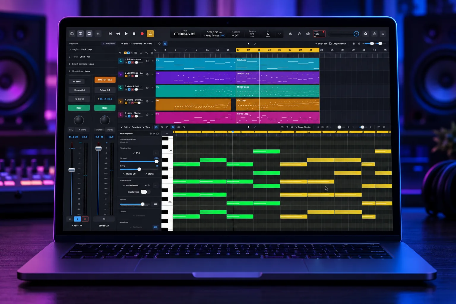 The piano roll under the arrangement
