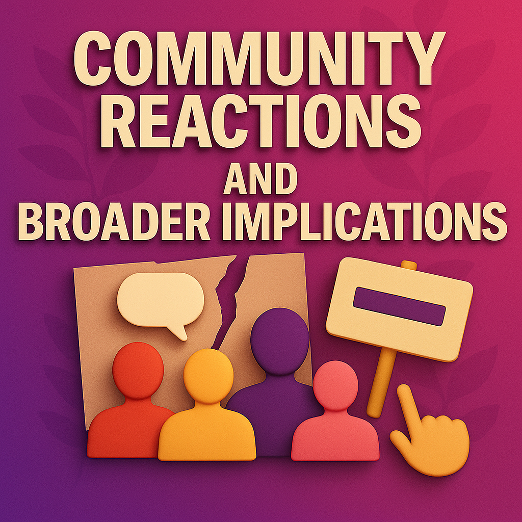 A 3D-style digital illustration with a gradient background transitioning from deep purple at the top to magenta at the bottom, overlaid with subtle leaf silhouettes. At the top, large, extruded cream-colored text reads “COMMUNITY REACTIONS AND BROADER IMPLICATIONS.” Below, four faceless human silhouettes—colored red, orange, purple, and pink—stand in front of a torn parchment backdrop. A beige speech bubble floats above them, and to the right, a beige protest sign and a pointing hand icon emphasize collective dialogue and activism.