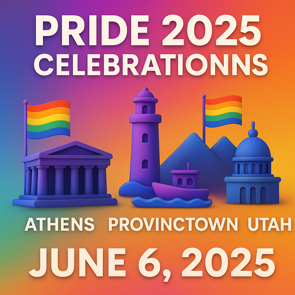 3D-rendered graphic with large extruded white text reading “PRIDE 2025 CELEBRATIONS” at the top. Below are three stylized purple landmarks: a Parthenon with a rainbow flag for Athens (left), a lighthouse and boat on waves with a rainbow flag for Provincetown (center), and the Utah State Capitol dome in front of mountain silhouettes with a rainbow flag for Utah (right). At the bottom, bold white text reads “JUNE 6, 2025,” all set against a vibrant gradient background transitioning from purple at the top to orange at the bottom.