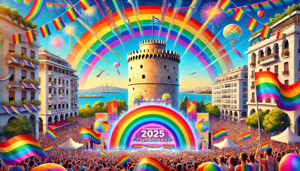 A vibrant 4:3 image of Thessaloniki Pride 2025, showcasing the iconic White Tower of Thessaloniki against a bright blue sky, surrounded by colorful rainbow decorations and a festive Pride parade. Participants wave vivid rainbow flags and banners, celebrating inclusivity and diversity.